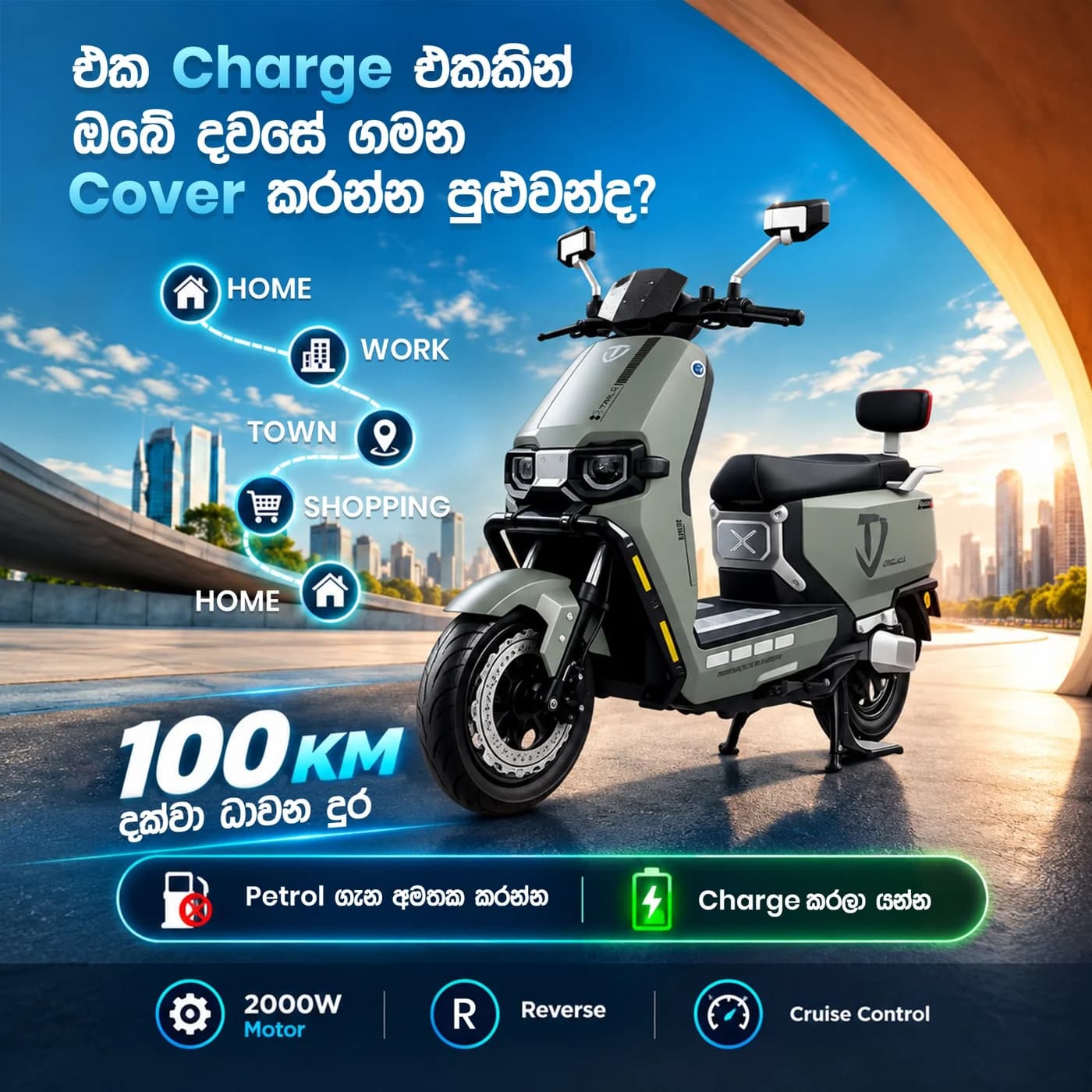 Electric scooter promotional poster highlighting range and vehicle features