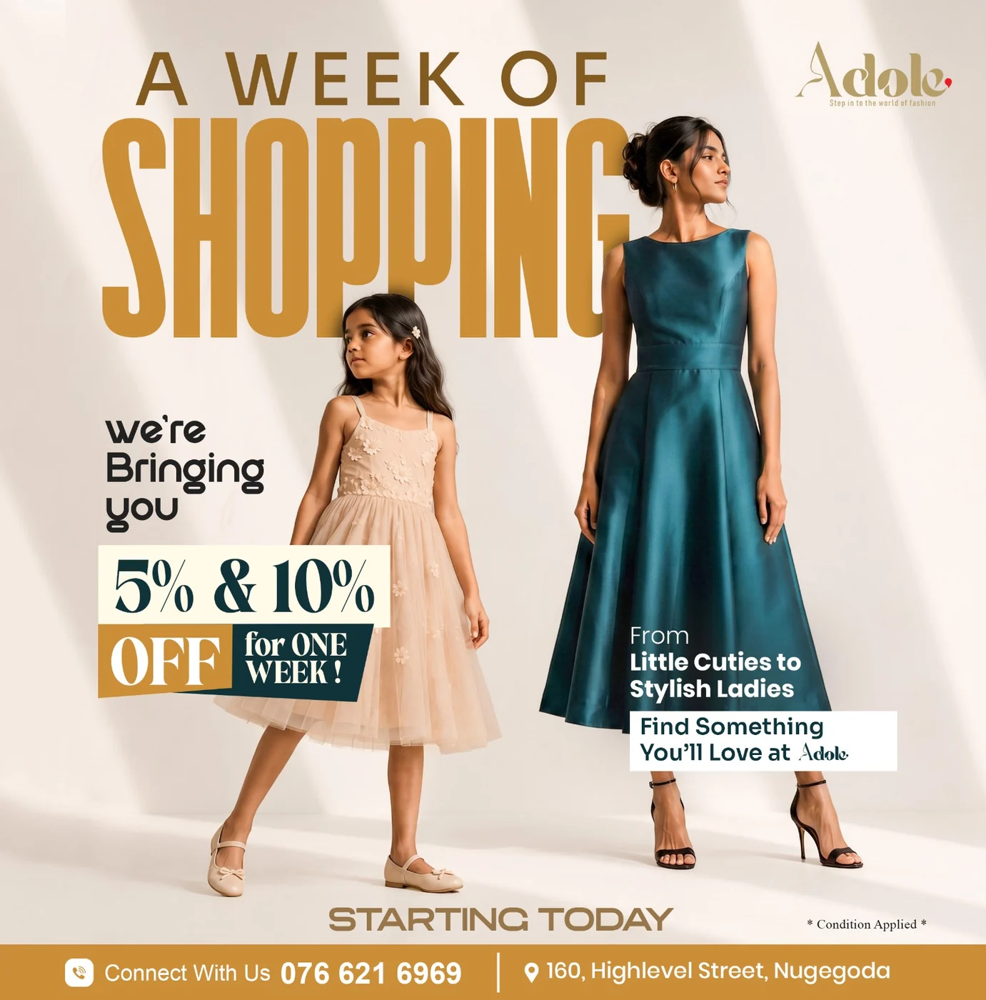 Cream and gold fashion retail promotional poster featuring two dresses