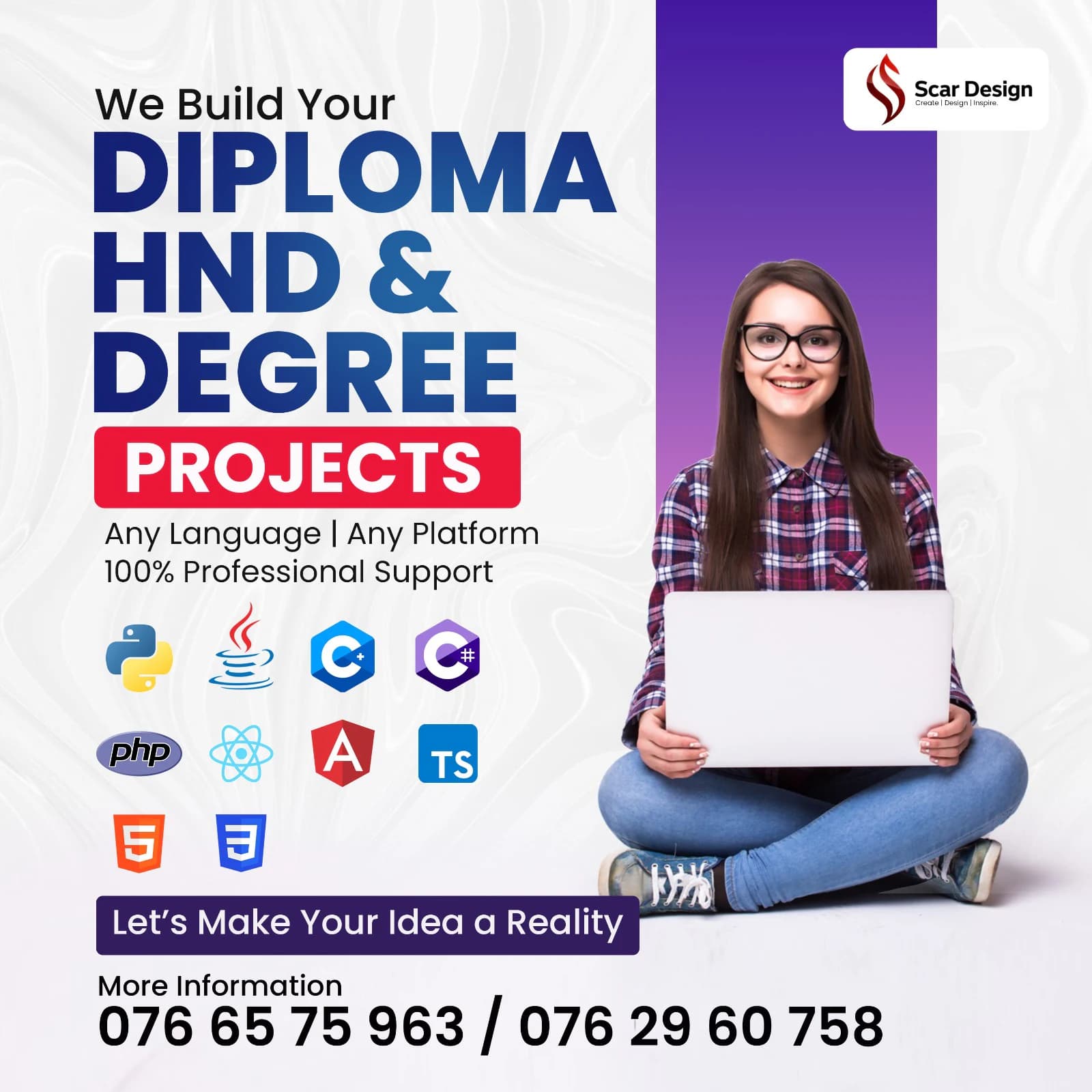 White and purple software project support poster with programming language logos