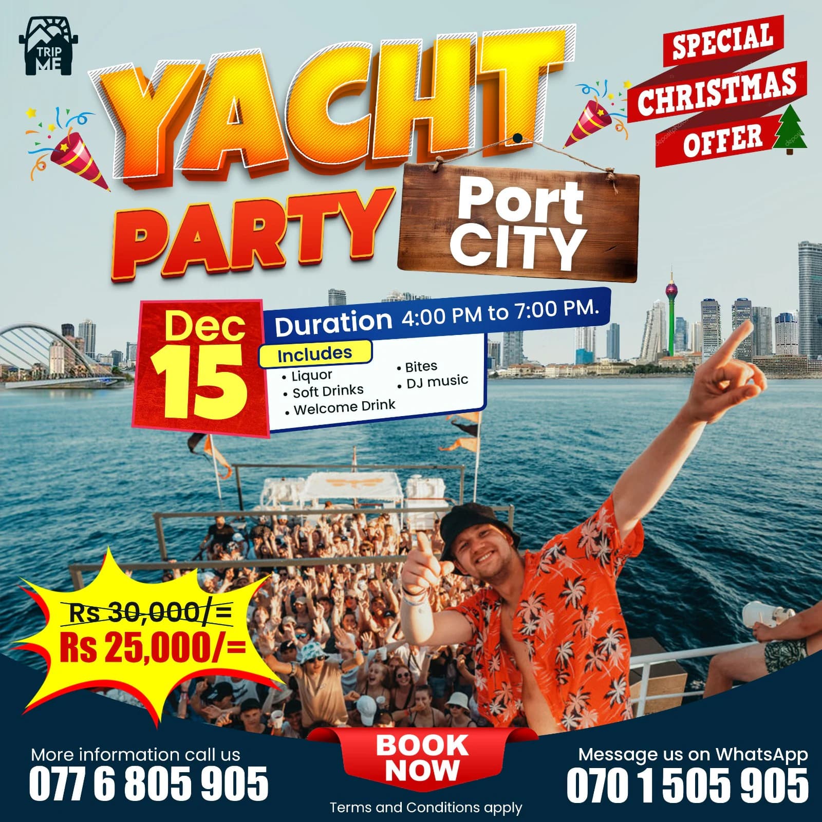 Yacht party event poster with Colombo skyline, booking details and a Christmas offer