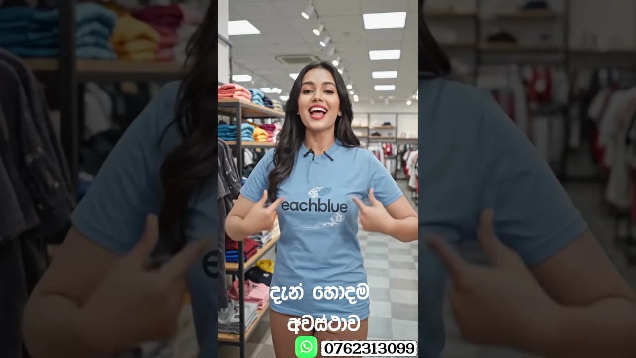 Vertical retail-promotion video frame with a presenter in a clothing store